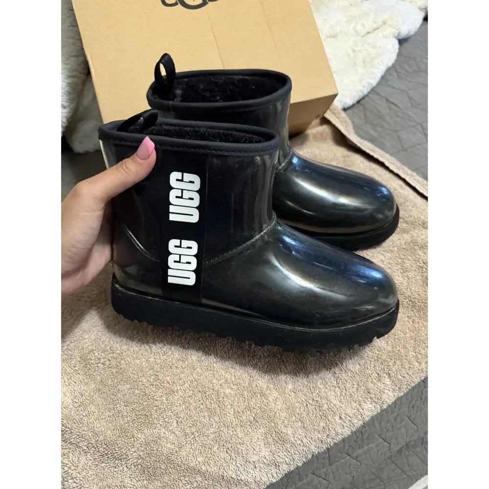 UGG Classic Clear Mini Black Waterproof Rubber Pull-On Ankle Rain Boots US 8